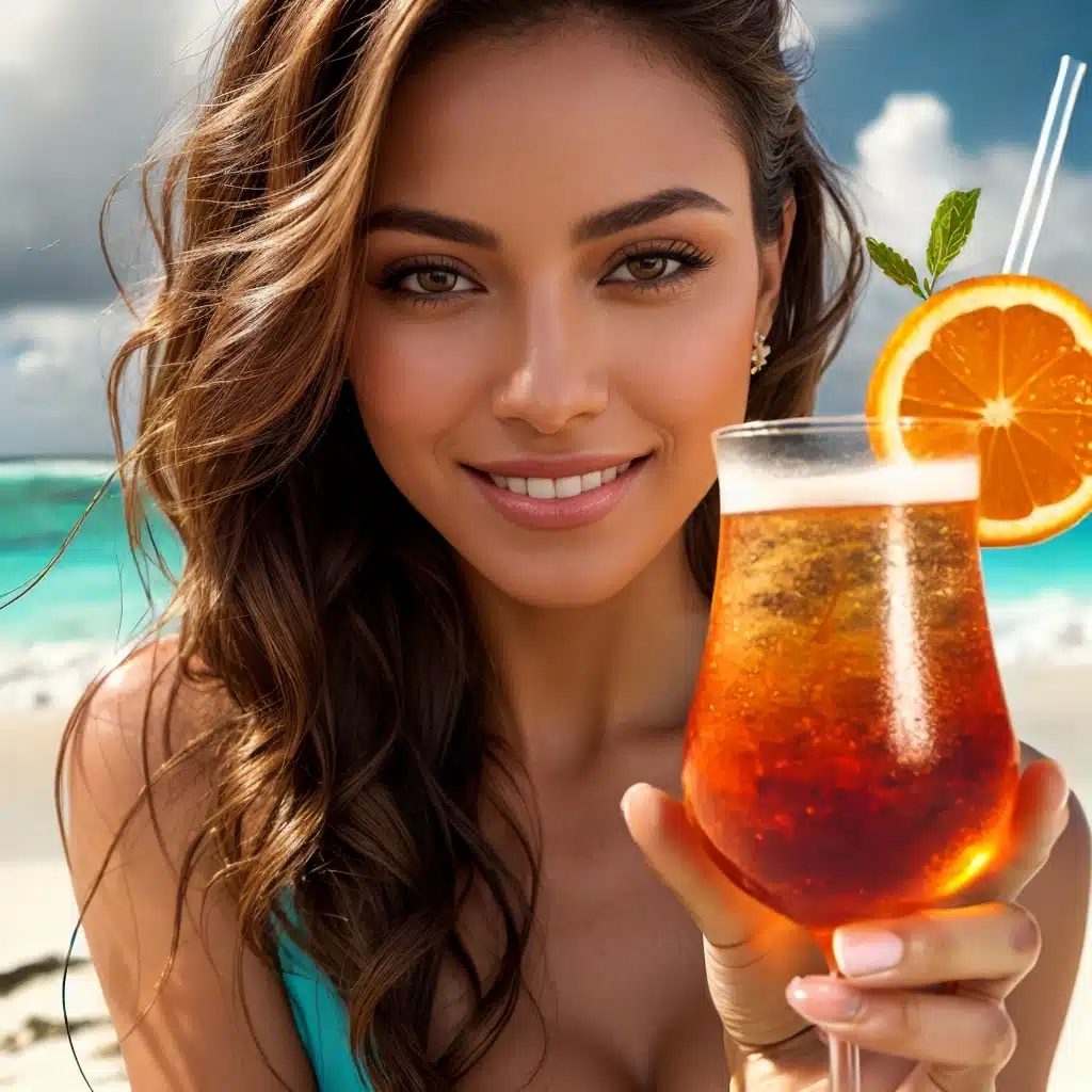 Chica tomando Aperol Sherry Spritz en la playa