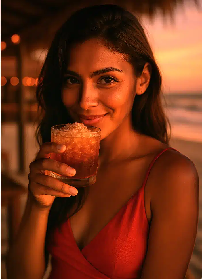 modelo tomando coctail piña ximenez al atardecer