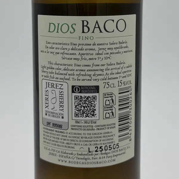 etiqueta trasera sherry fino Dios Baco