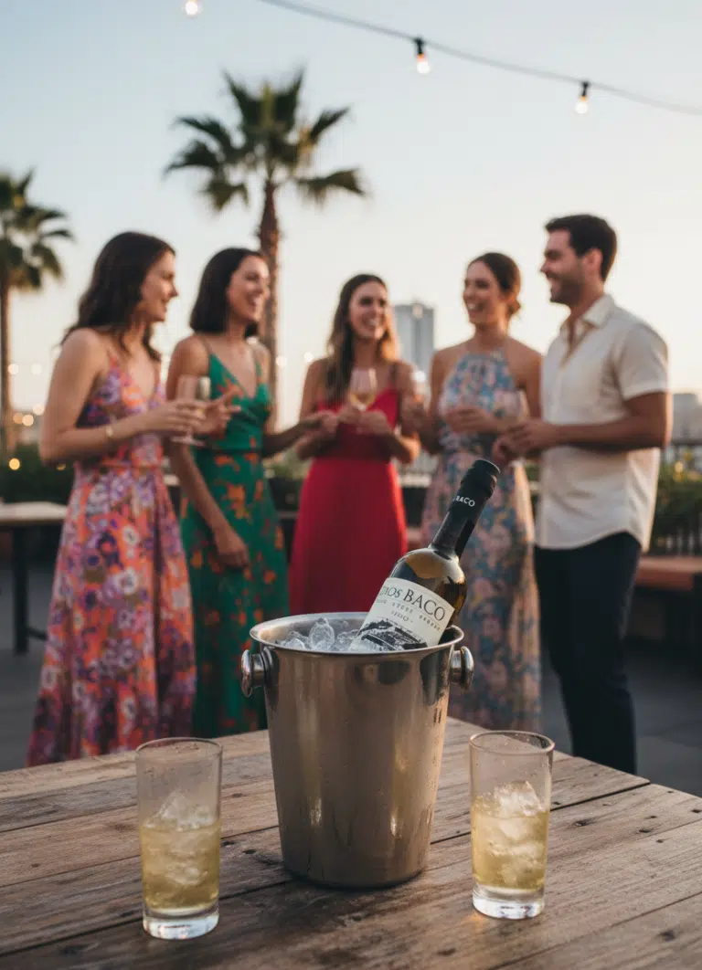 tomando sherry Fino Dios Baco con hielo en rooftop