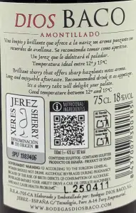 etiqueta amontillado sherry Dios Baco