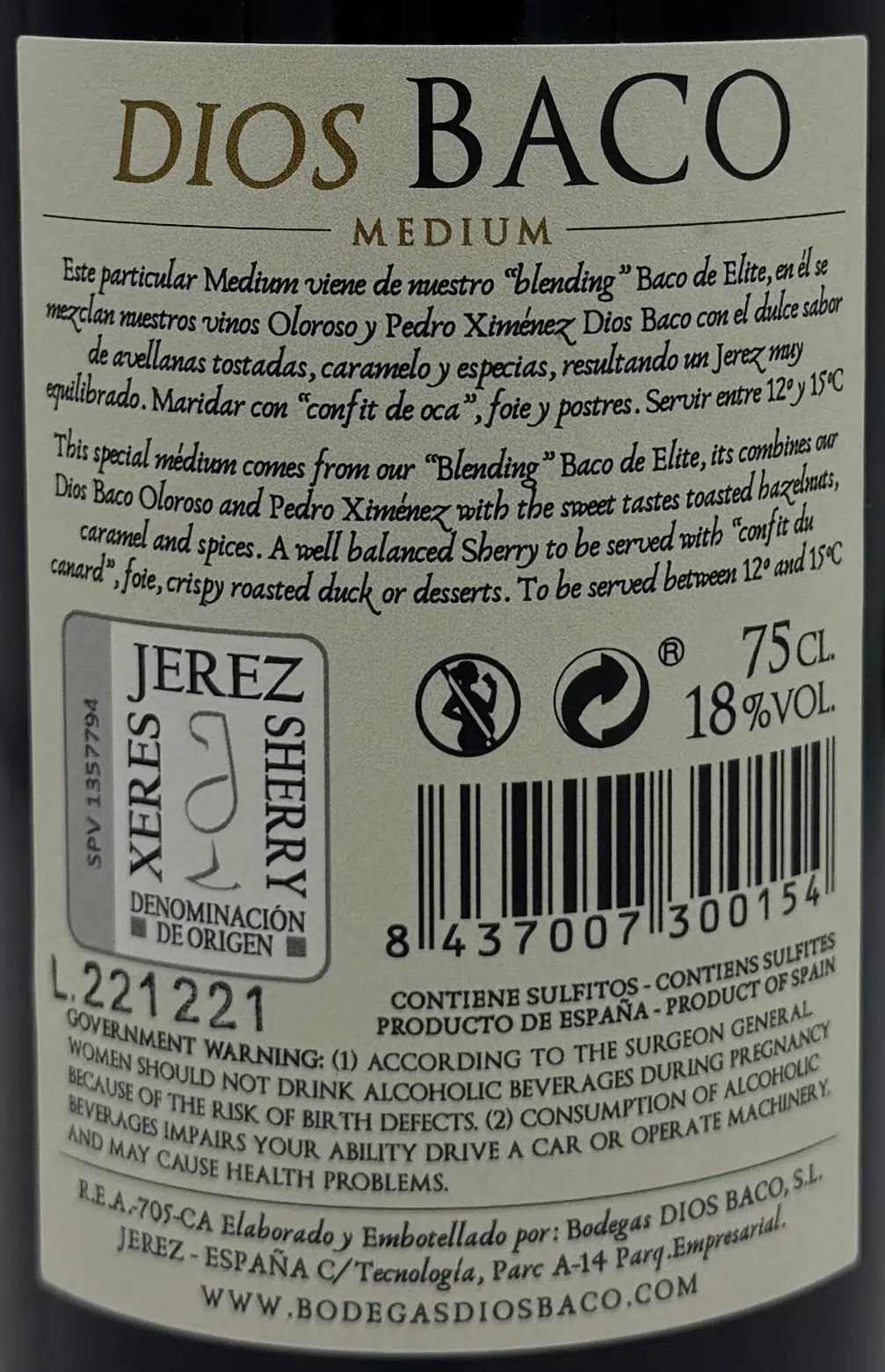 Medium Sherry Dios Baco – Sherry 750 ml | 18% Alc. Vol. | Palomino con toque PX | Ámbar, nuez y flores - Imagen 2