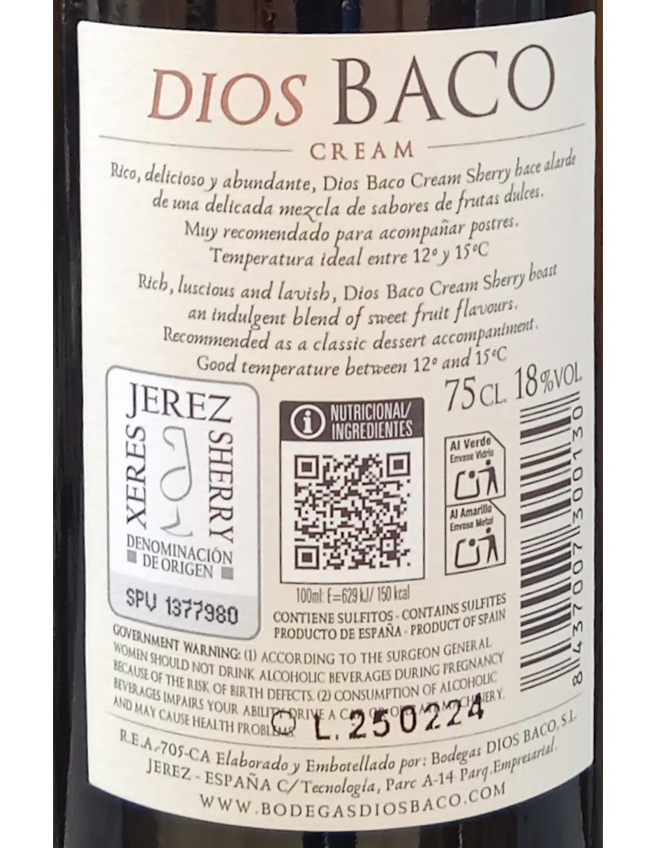 Cream Dios Baco – Sherry 750 ml | 18% Alc. Vol. | Palomino + Pedro Ximénez | Caoba, frutos secos y caramelo - Imagen 2