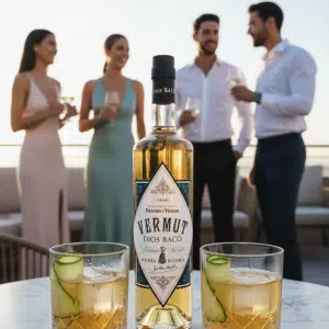 Tomarndo vermut blanco Dios Baco en rooftop
